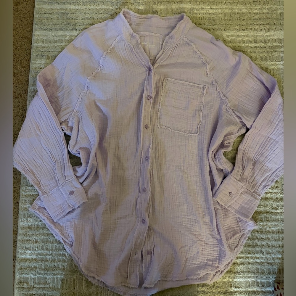 Aerie Pool to Party Oversized‎ Soft Gauze Textured Button Down Lavender Top